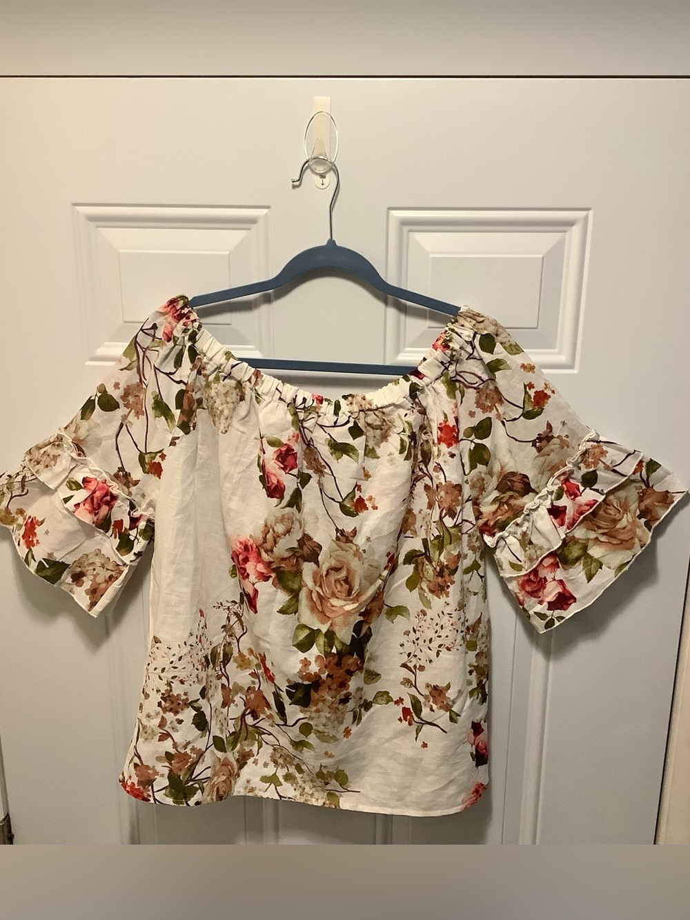 Hester & Orchard| Floral Boat Neck Off Shoulder Linen/Cotton Top Feminine L